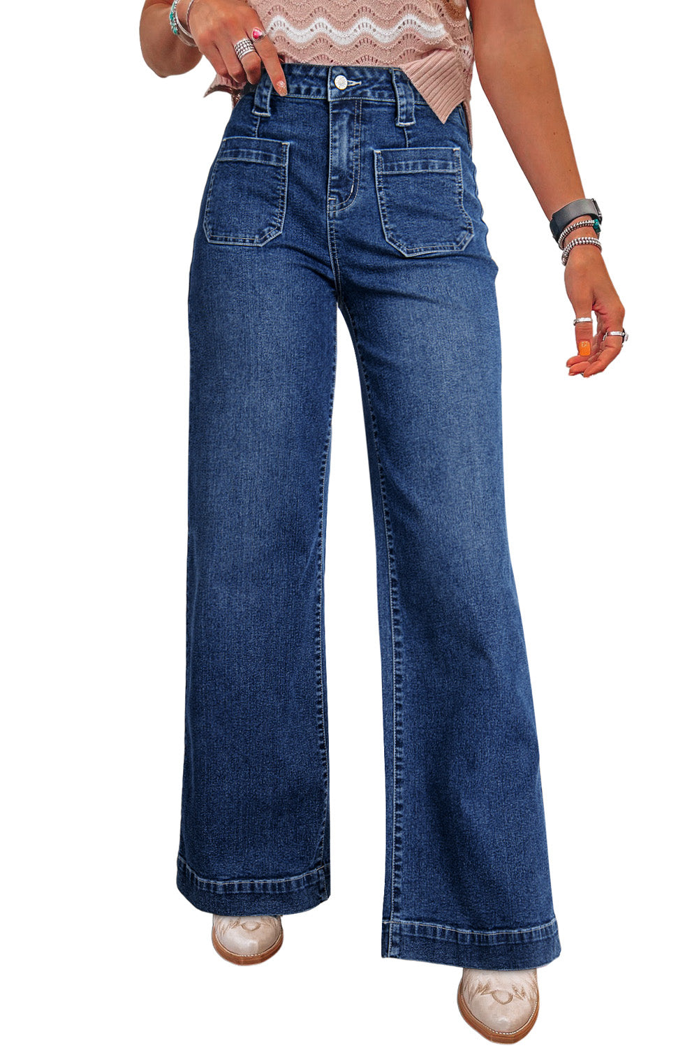 Sail Blue Wide Leg Pocketed High Waist Jeans