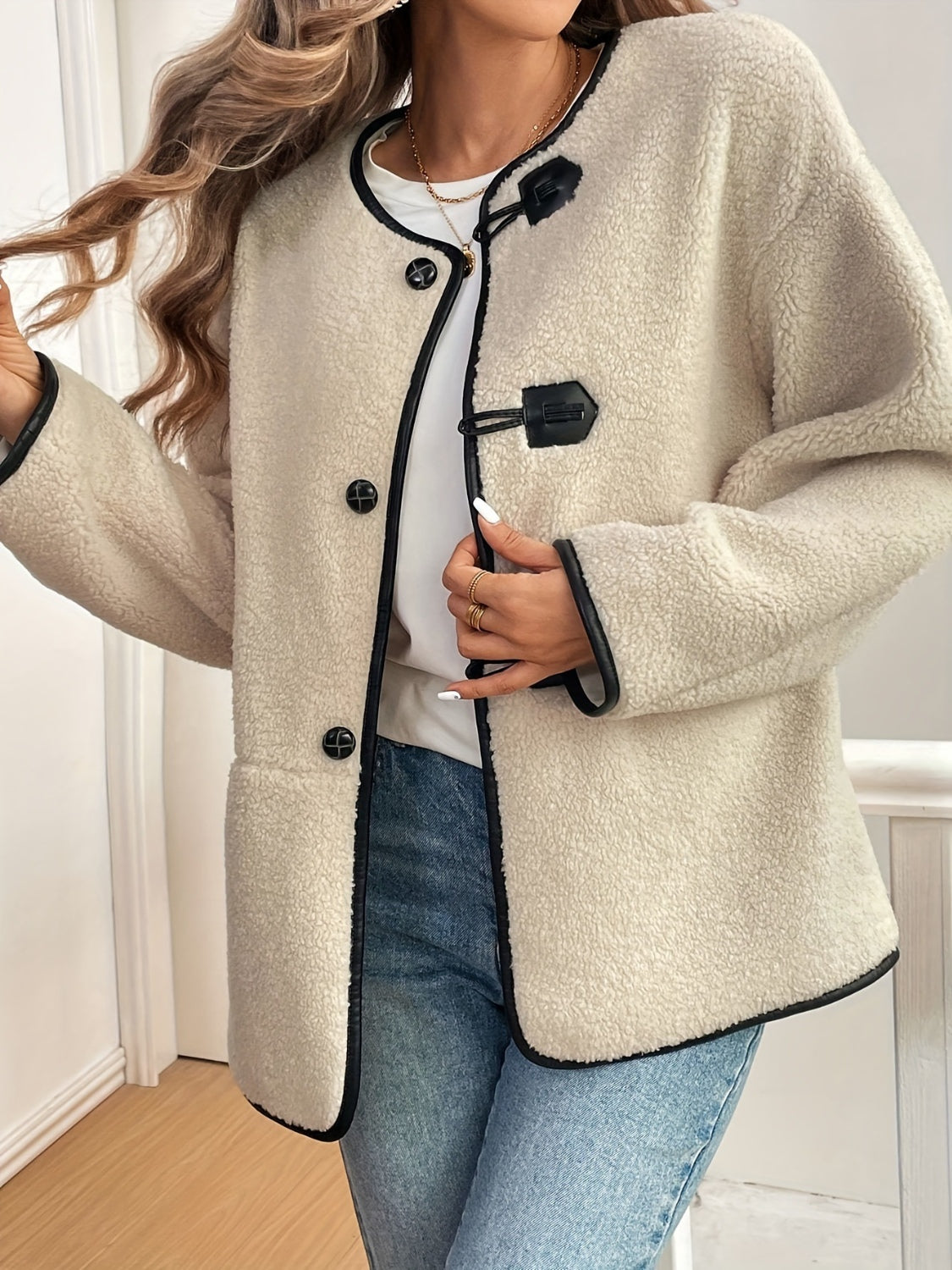 Contrast Trim Drop Shoulder Plush Coat