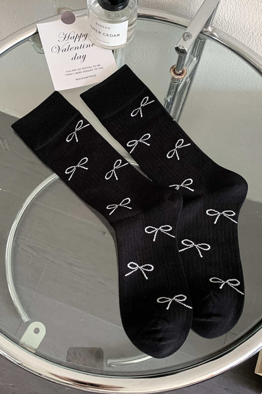 Black Bow Print Ribbed Crew Socks