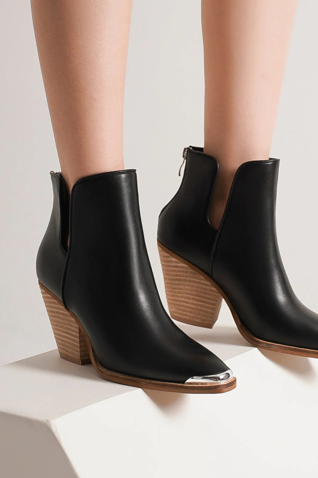 Beast Fashion Pointed Metal-Tip Toe Block Heel Ankle Boots