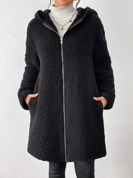 Zip Up Long Sleeve Sherpa Hooded Coat