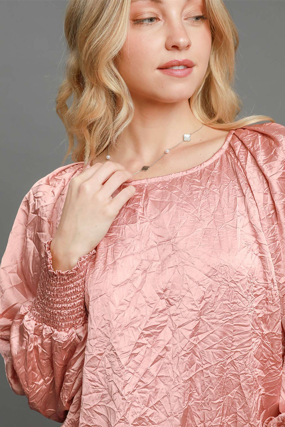 Umgee Wrinkled Round Neck Lantern Sleeve Blouse