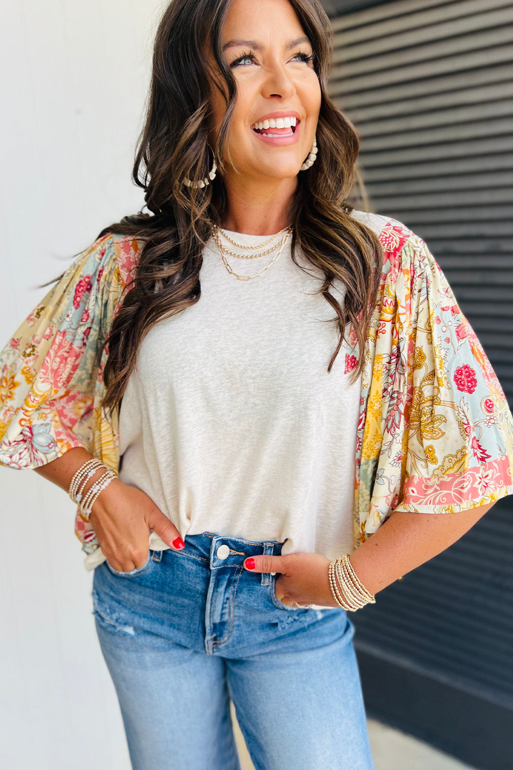 Beige Floral Patchwork Batwing Sleeve Blouse