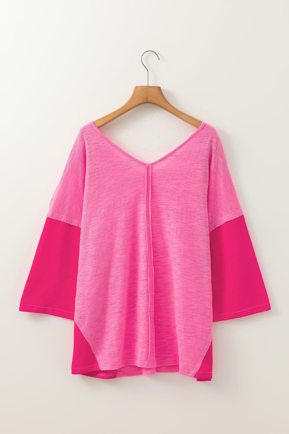 Exposed Seam V-Neck Three-Quarter Sleeve Blouse