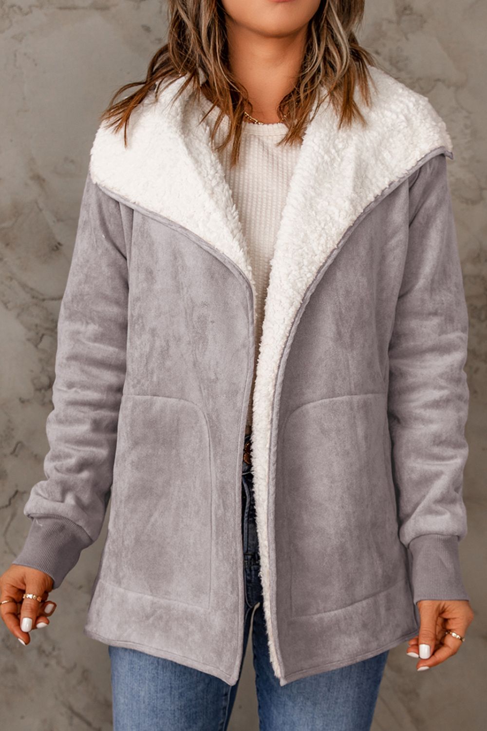 Open Front Long Sleeve Sherpa Jacket