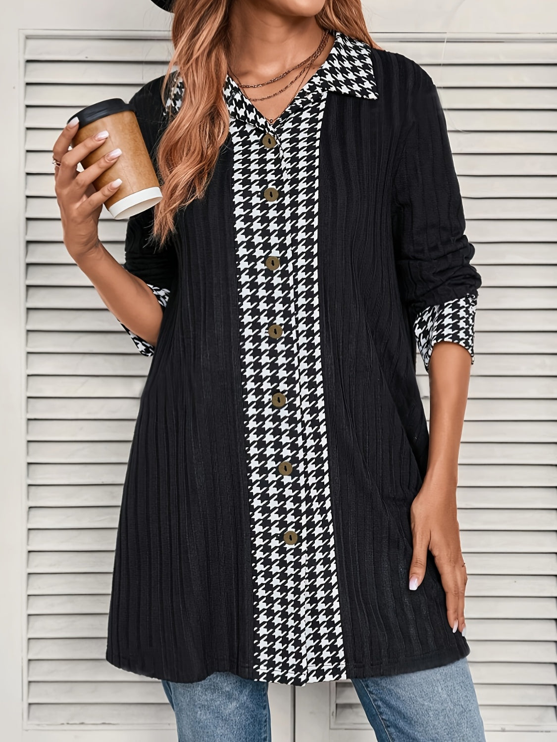 Houndstooth Button Up Long Sleeve Cardigan