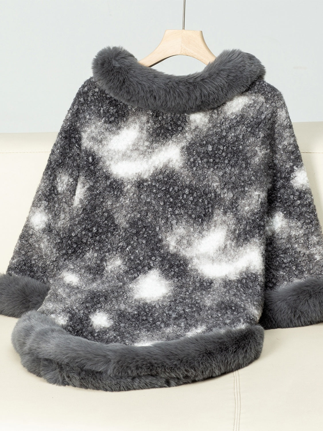 Furry Contrast Three-Quarter Poncho