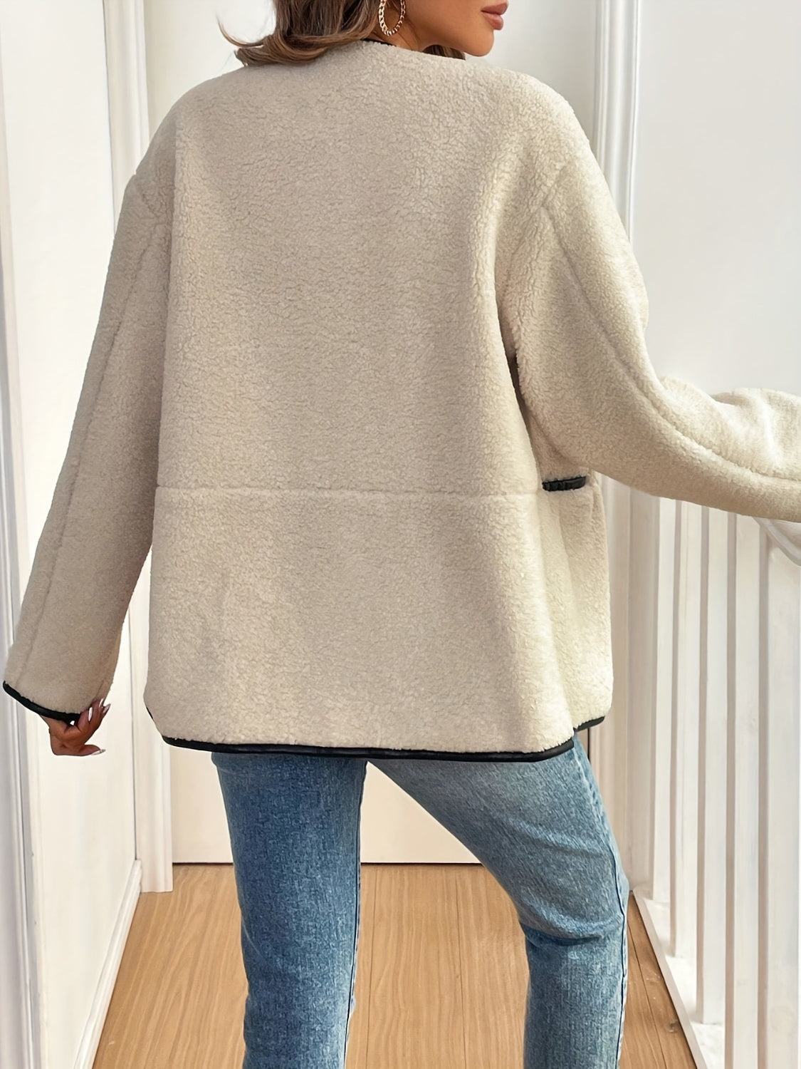 Contrast Trim Drop Shoulder Plush Coat