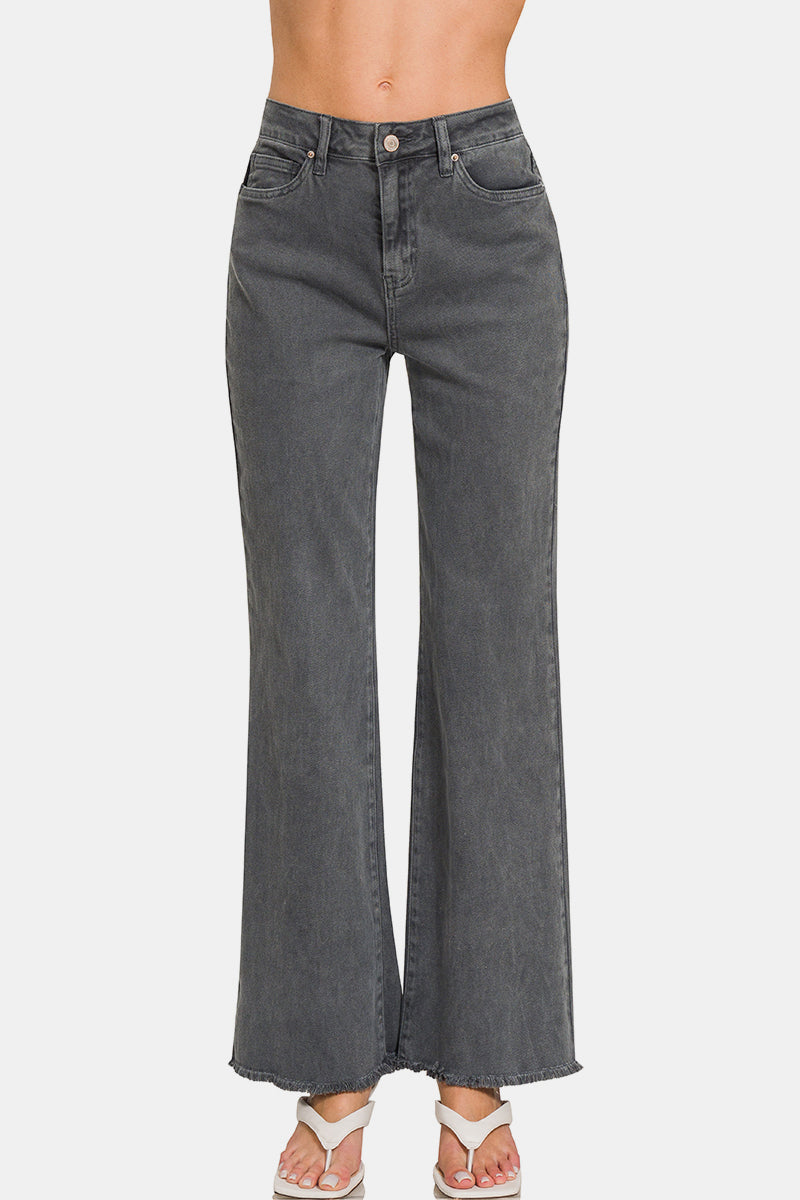 Zenana Acid Washed Frayed Hem Bootcut Jeans - Dark Gray