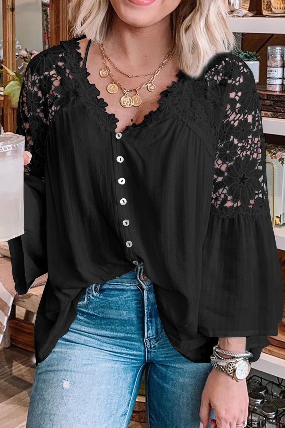 Cutout V-Neck Three-Quarter Sleeve Top