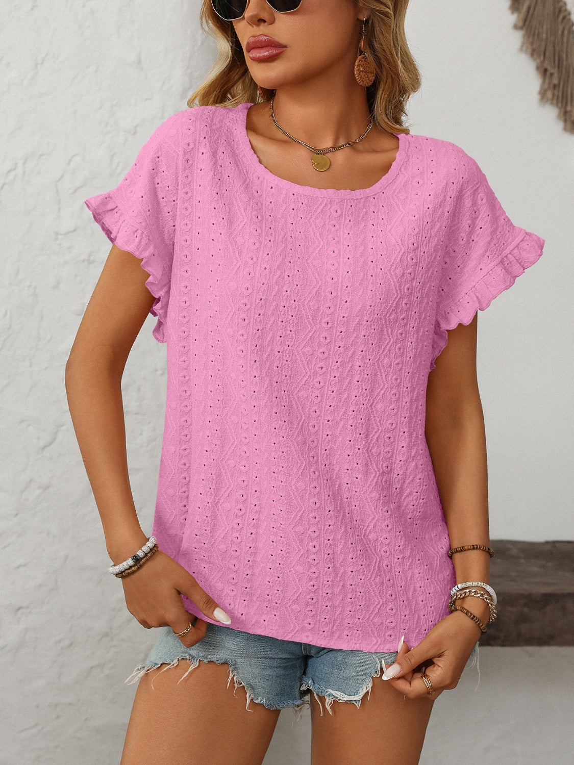 Mandy Eyelet Round Neck Short Sleeve Top