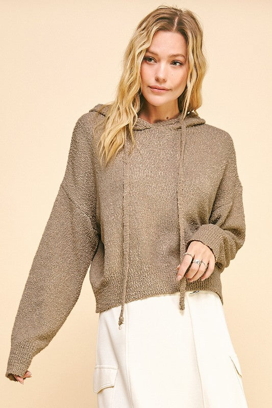 Davi & Dani Drop Shoulder Long Sleeve Hooded Sweater-Camel