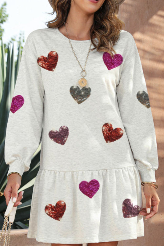 Sequin Heart Round Neck Long Sleeve Mini Dress