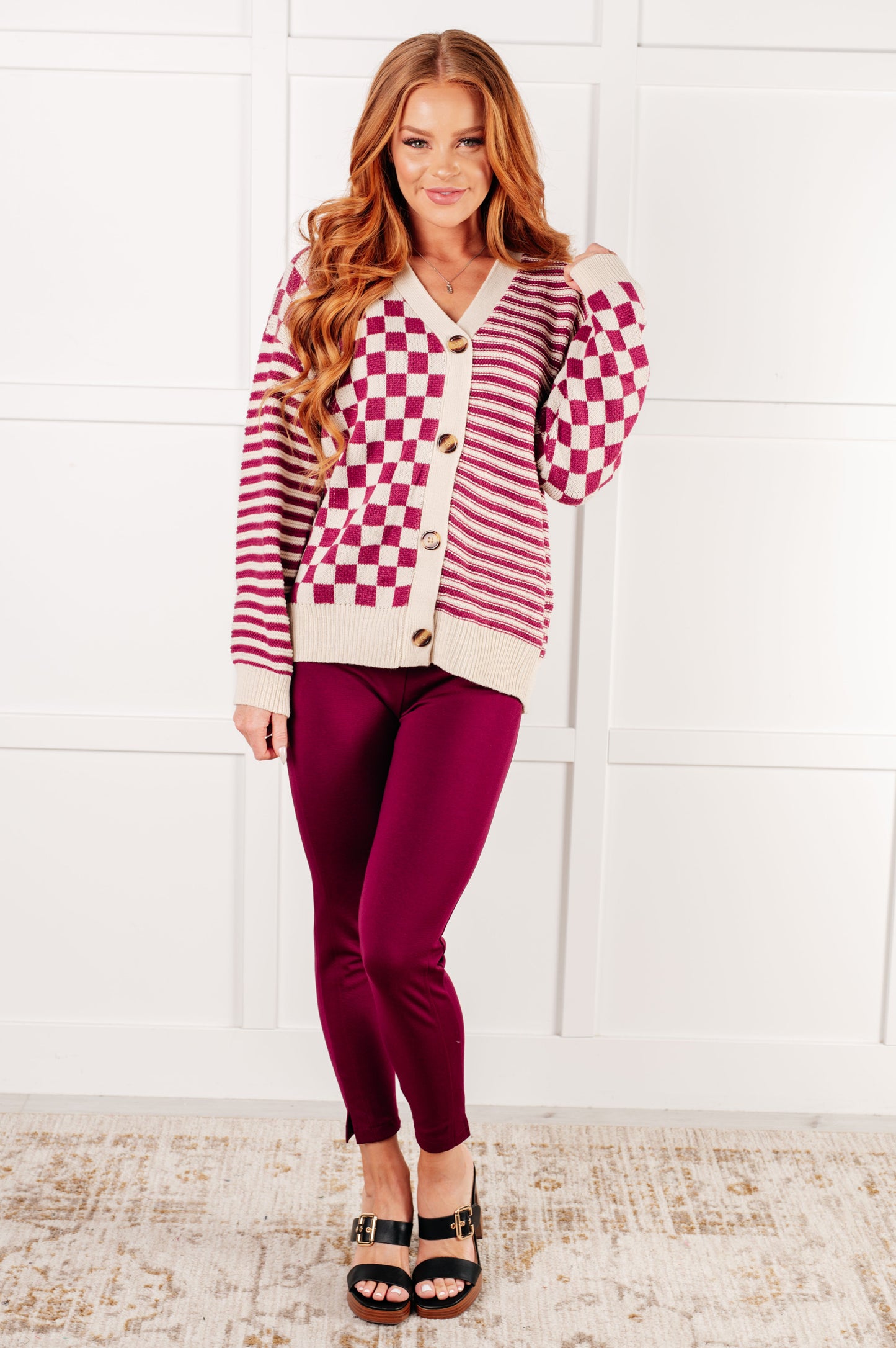 No Brainer Button Down Sweater Knit Cardigan in Magenta/Oatmeal