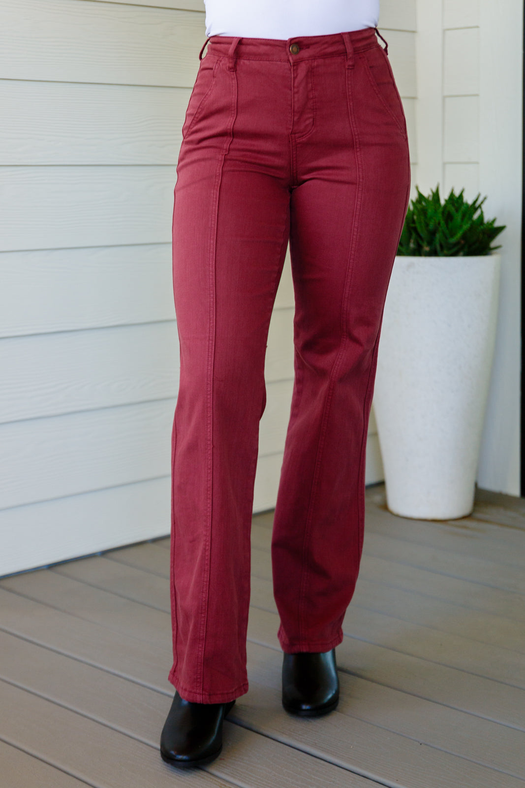 Phoebe High Rise Front Seam Straight Jeans in Burgundy