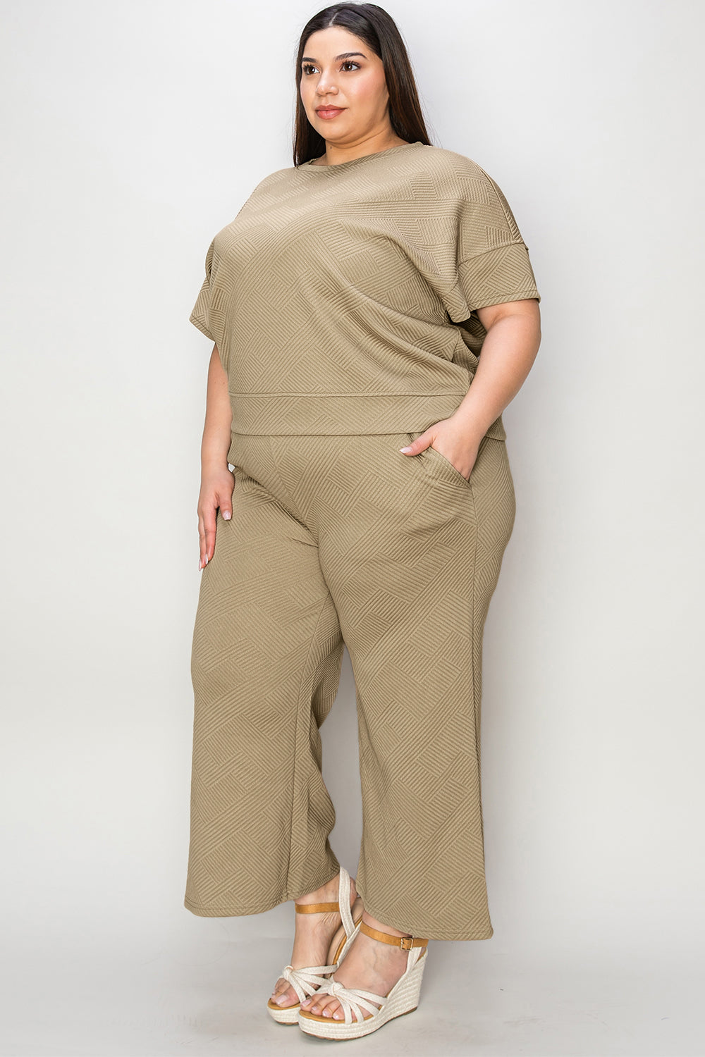 Double Take Full Size Texture Short Sleeve Top and Pants Set