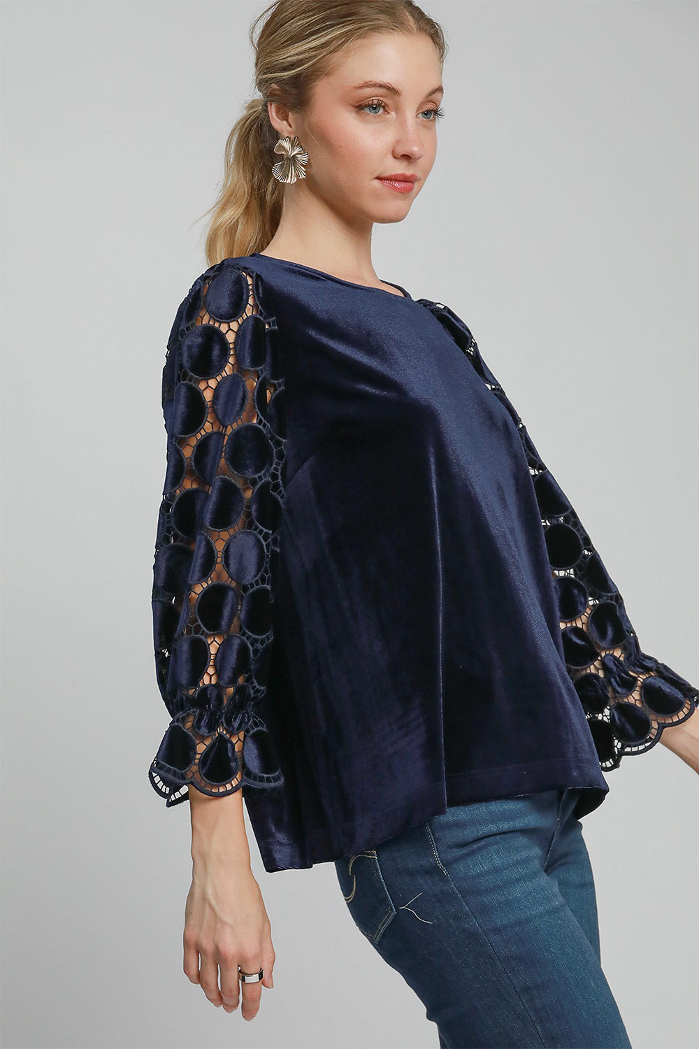 Umgee Polka Dot Lace Long Sleeve Round Neck Blouse