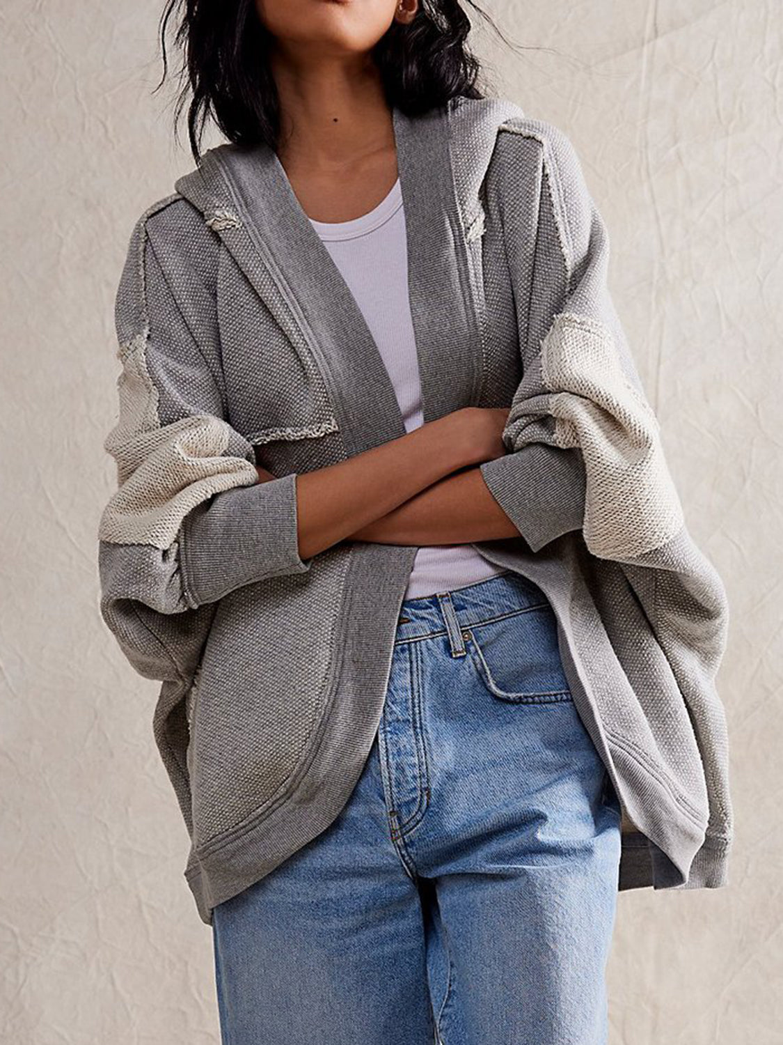 Exposed Seam Open Front Batwing Sleeve Hooded Cardigan