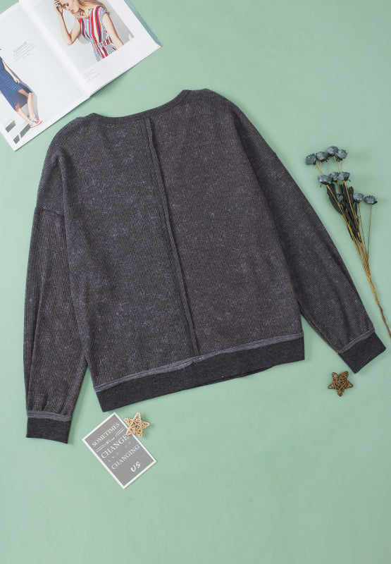 Waffle-Knit Notched Long Sleeve Sweatshirt