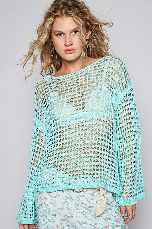 POL Side Slit Openwork Long Sleeve Knit Cover Up