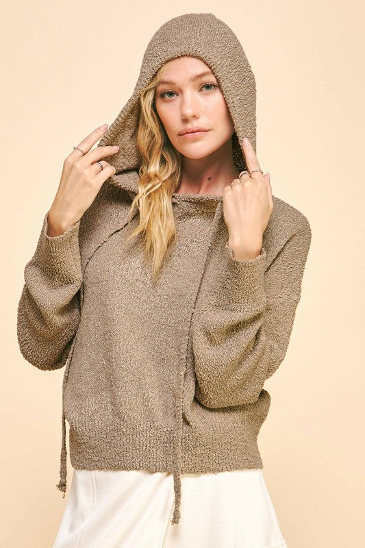 Davi & Dani Drop Shoulder Long Sleeve Hooded Sweater-Camel