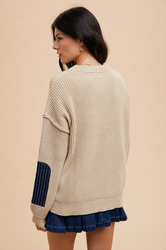 Annie Wear Contrast Round Neck Drop Shoulder Sweater with Patch Pocket